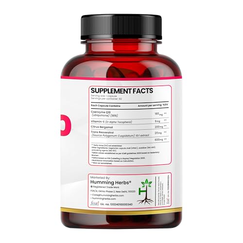 Humming Herbs CoQ10 600mg Cellular Support Supplement with Resveratrol, Bergamot & Vitamin E - Heart Health & Energy Booster - Antioxidan 60 Caps