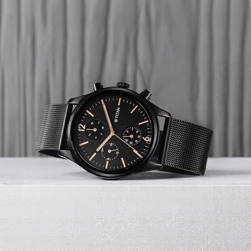 Titan Neo Black & Gold Quartz Analog with Day and Date Black Dial Stain- image 7