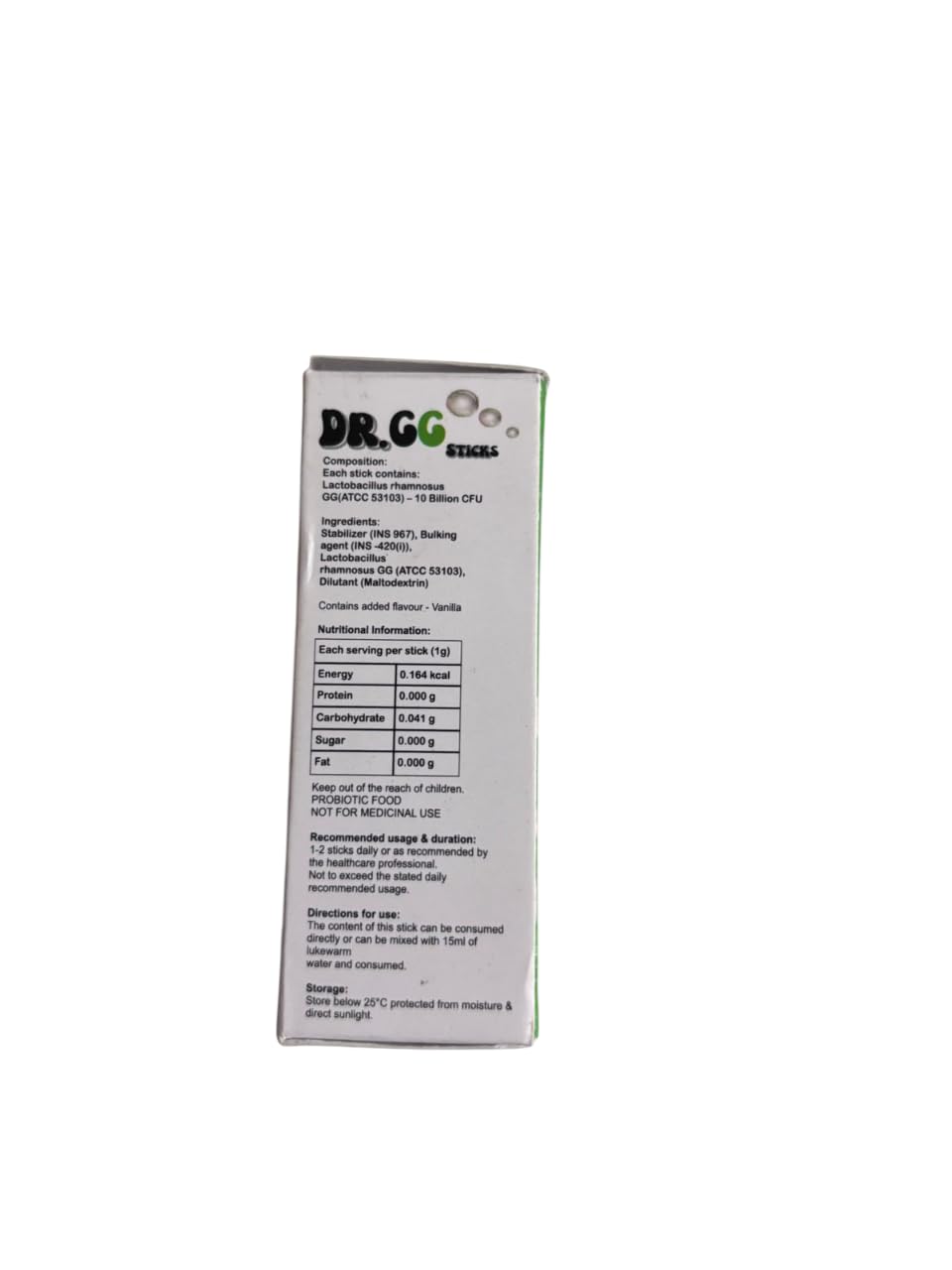 DR GG - Pack of 10 Probiotic sticks of 1g each. Lactobacillus Rhmnosus GG. Ice Vanilla flavor. Orally dispersible. Gluten & Sugar free.