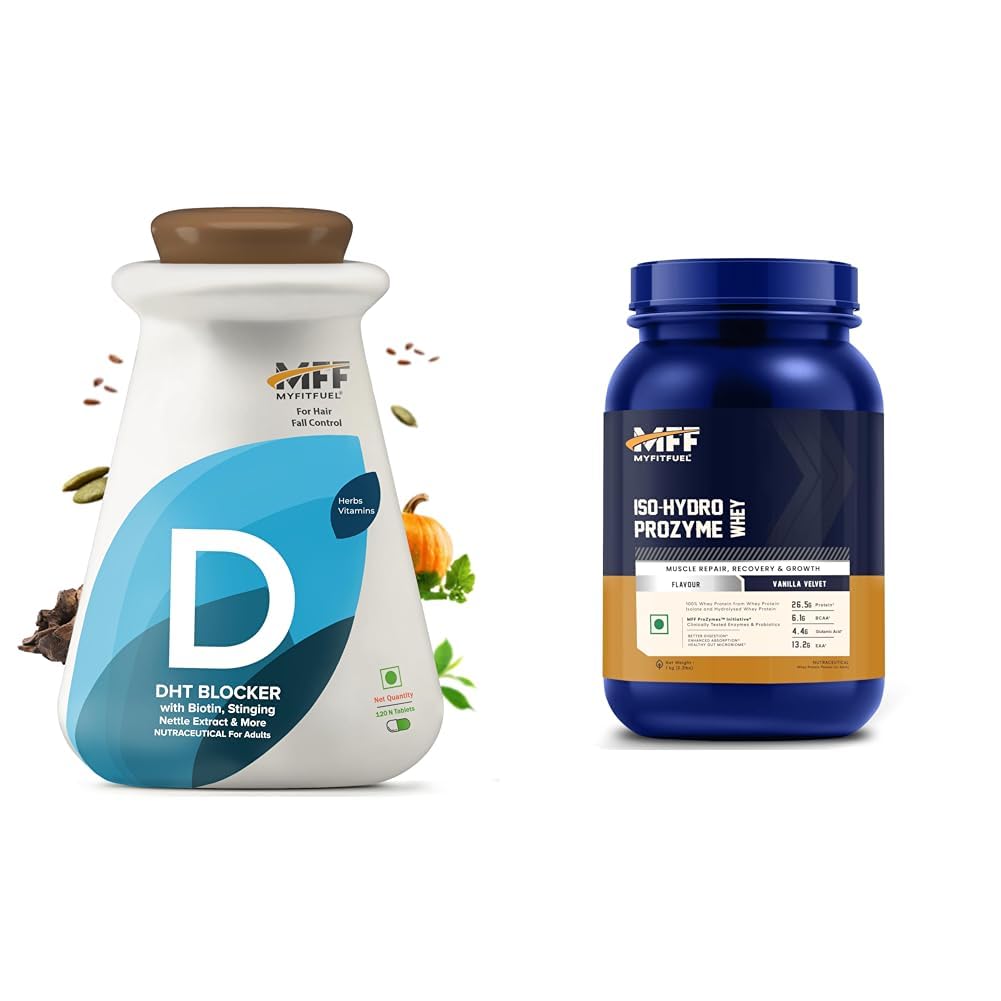 MyFitFuel DHT Blocker with Biotin (For 4 Months), Singing Nette, Vitamin E, Zinc, | For Hair Fall | MyFitFuel ISO-HYDRO ProZymes Whey, Low Carb, 100% Pure Whey Protein Isolate & Hydrolysed Whey | Cl
