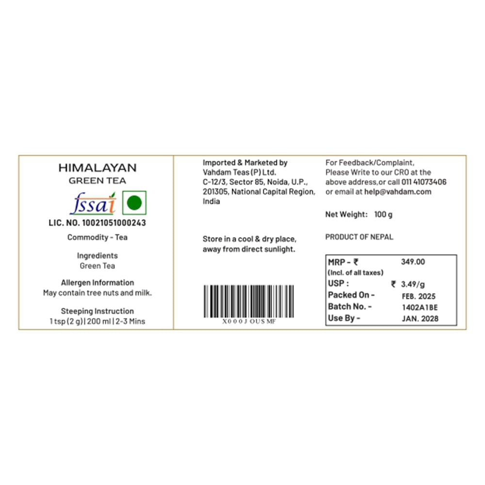 VAHDAM, Himalayan Green Tea Leaves - 100g | Non GMO, Gluten Free |Natural, High Elevation Grown Tea Leaves From Himalayas | Pure Green Tea | Vacuum Sealed for Freshness