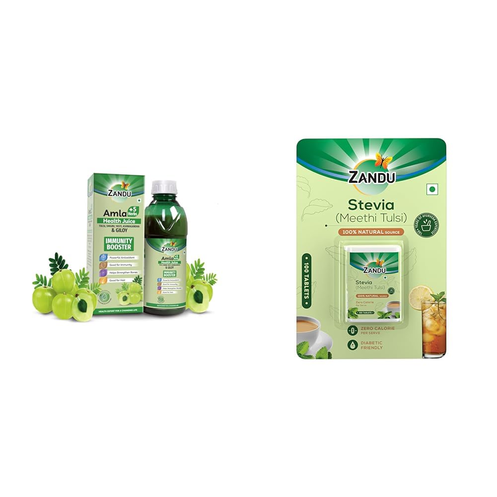 Zandu Amla + 5 Herbs Health Juice | Ayurvedic Immunity Booster | Powerful Antioxidant | Good for B | Zandu Stevia (Meethi Tulsi) Tablets- A Healthier Substitute for Sugar | Helps Maintain Healthy Sug