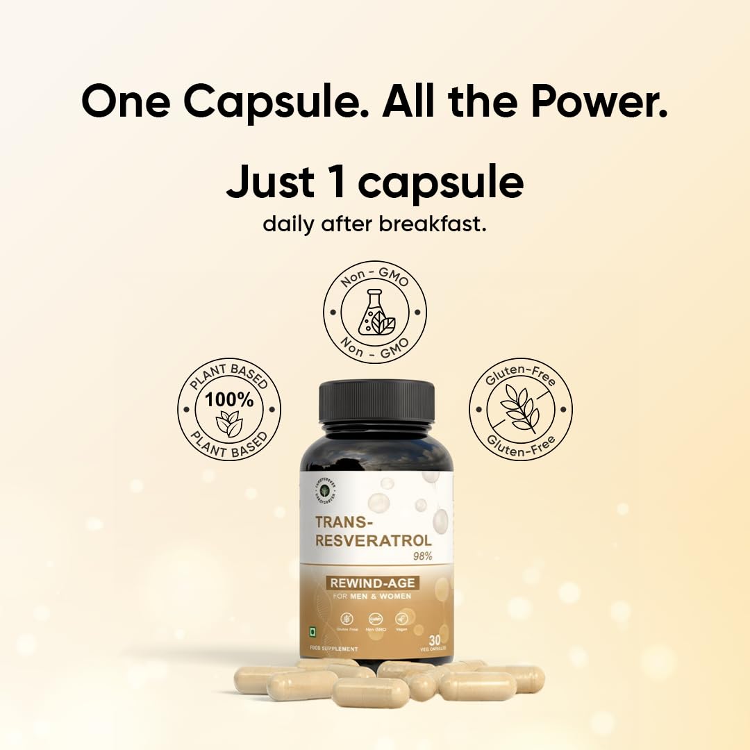 CUREFOREVER Trans Resveratrol 250mg, 30 Veg Capsules | 98% Pure, Powerful Antioxidant for Anti-Ageing, Immunity Boost & Heart Health