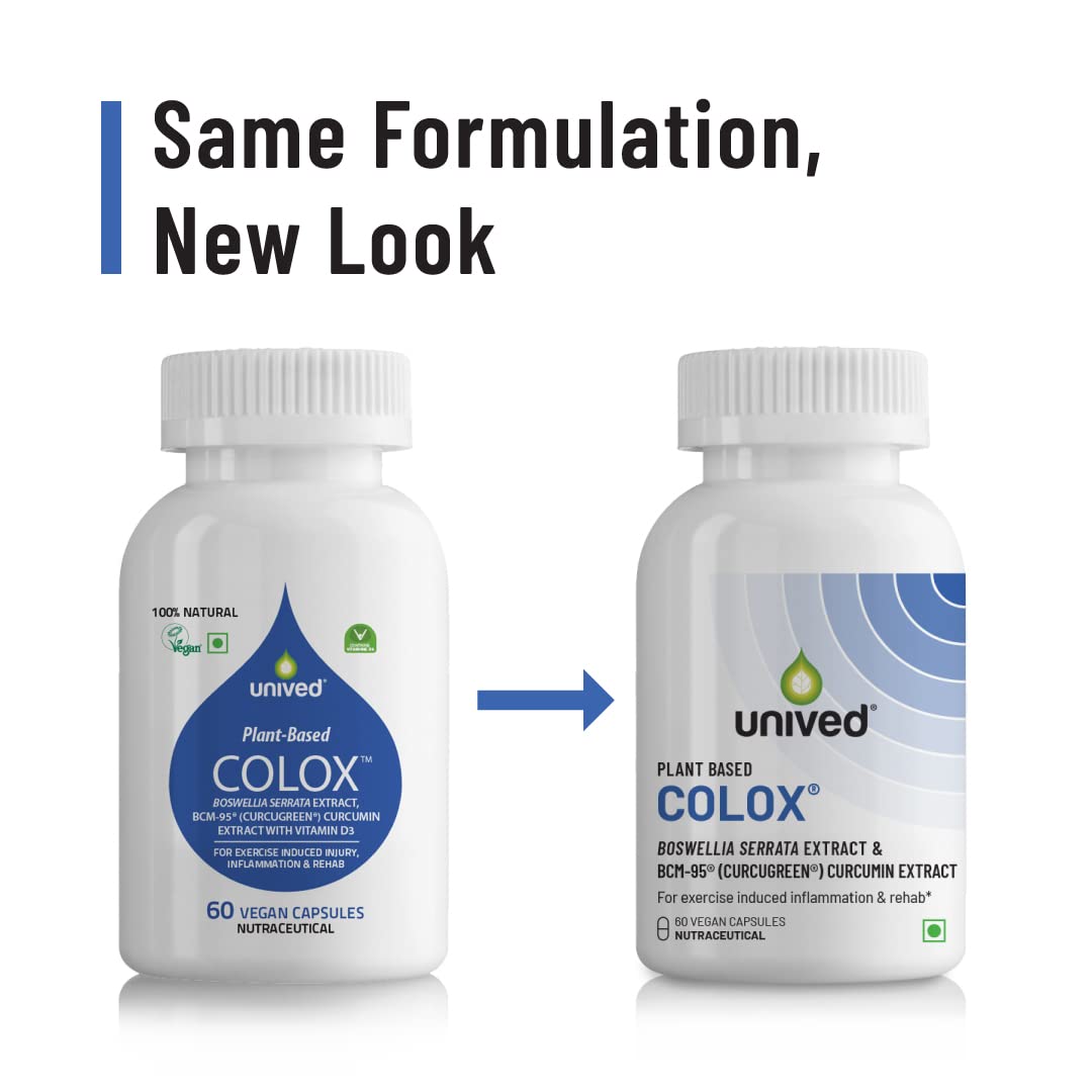 Unived Colox, For Exercise-Induced Inflammation, Injury, & Rehab | Pain Relief, Supports Muscle & Tissue Strengthening, Joint Support | Boswellia, BCM-95® Curcumin, D3| 60 Capsules, 1 month Supply