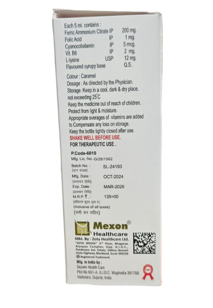 Iromex Syrup - Iron with Vitamin B12, L-Lysine, Folic Acid & Vitamin B6, Orange Flavor, 200 ml