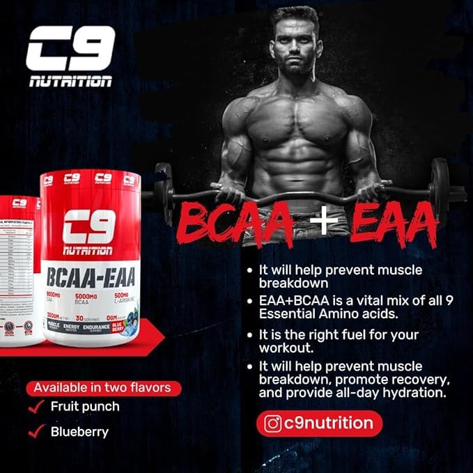 C9 NUTRITION BCAA + EAA Powder- Sugar Free Workout Muscle Recovery & Endurance Drink with 5000mg BCAA, 9000mg EAA, 500 mg L-Arginine | Amino Acid Supplements (30 Servings, Watermelon Flavour)