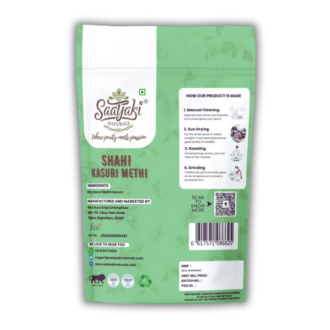 SAATYAKI NATURALS Organic Shahi Kasuri Methi 100% Pure, Freshly Ground Spice for Cooking, Non-GMO, Gluten-Free – Perfect for Curries, Marinades, and Seasoning (200gm)