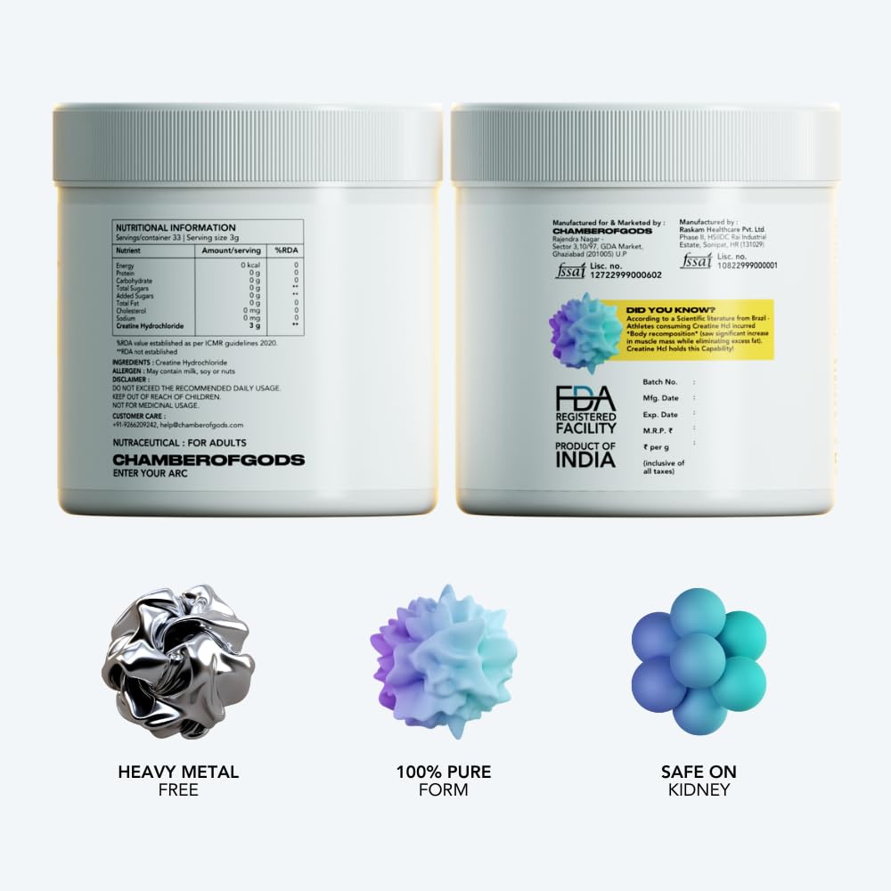 Chamberofgods Creatine Hcl | 40X Higher Absorption than Monohydrate | 100% Pure Unflavoured- 33 Servings