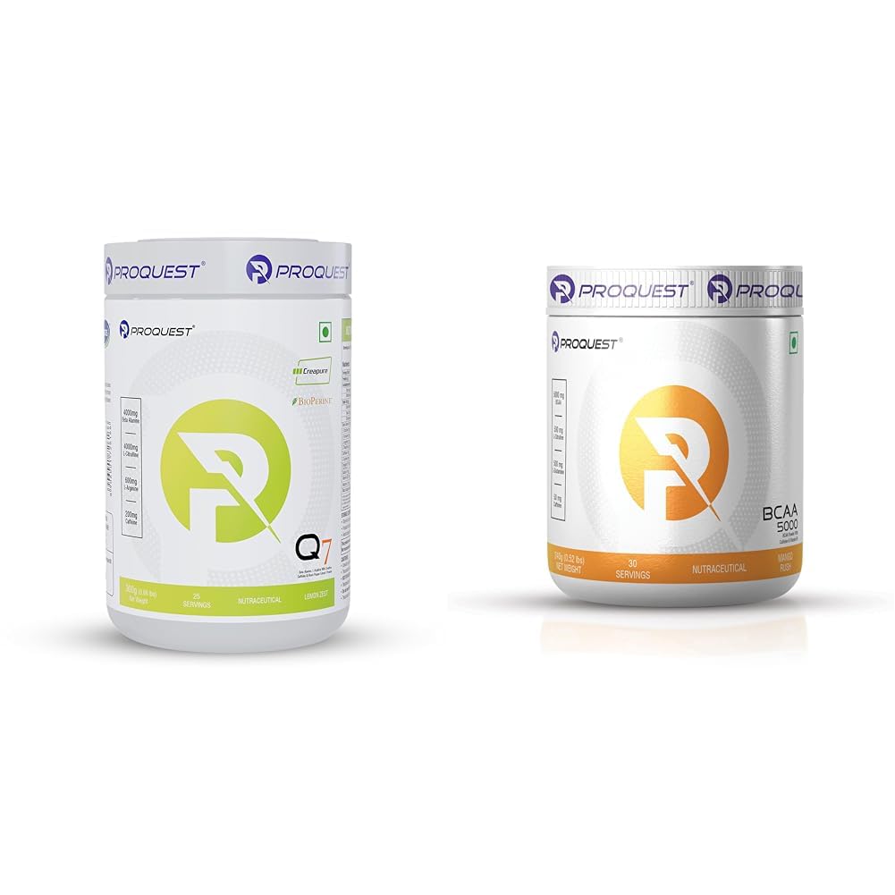 Proquest Nutrition Q7 Pre-Workout Lemon Zist Flavor, 300 Gm (25 Servings) | Beta Alanine 4000mg, L | Proquest Nutrition BCAA 5000, 5g BCAAs in 2:1:1 Optimal Ratio (240g, 30 Servings) Mango Rush Flavo