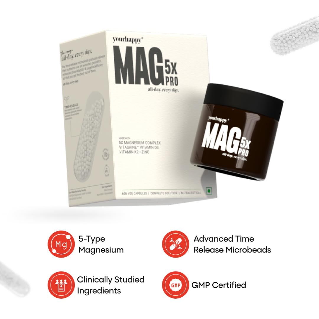 YourHappyLife Magnesium 5X Pro - 60 Capsules | Advanced Time-Release Magnesium Supplement with 5 Forms of Magnesium with Vitamin D3, K2 & Zinc for Sleep, Recovery & Stress Relief Pack of 1