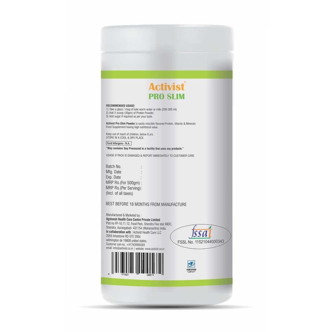 Activist Proslim Powder with Minerals & Multivitamins for Weight Management, Mango Flavour, High-Protein Supplement to Support Healthy Weight Loss, Energy, & Metabolism - 500g