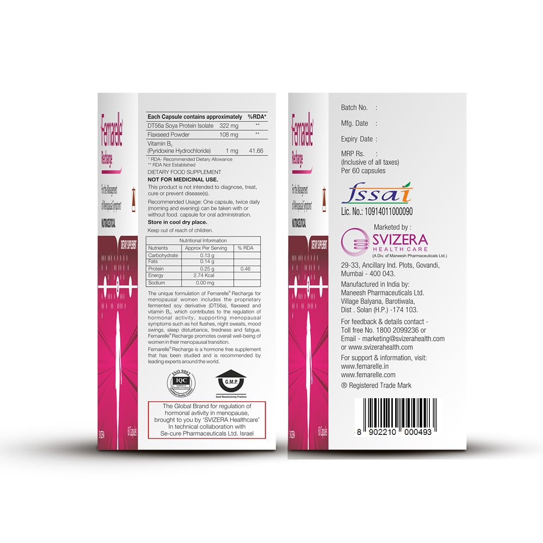 Femarelle Recharge | 50-59+ Women Menopause Supplements; 40+ Countries | DT56a Clinically-Proven | Menopause Symptoms, Mood Swings, Hot Flashes | 60 Capsules (1 Month Usage)