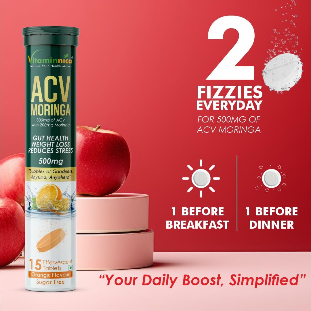Vitaminnica ACV Moringa Effervescent Tablets To Control Cravings | Reduces Stress, Gut Health, Weight Loss | Sugar Free | 15 Tablets Each (Pack of 8, Orange)