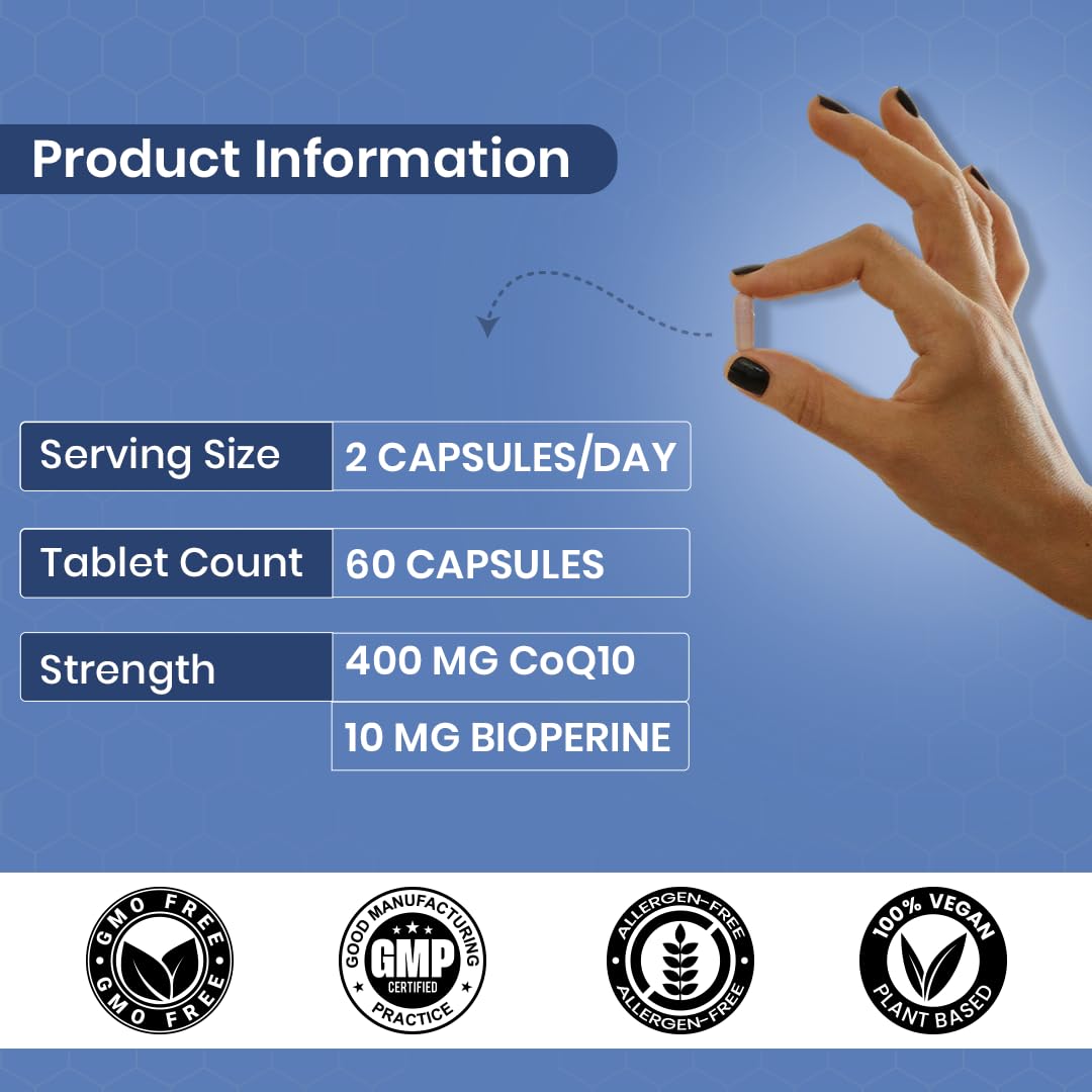 CUREFOREVER Coenzyme Q10 (CoQ10) | 400mg Supplement with BioPerine 10mg | Supports Heart Health and Vascular Health, Healthy Ageing, Cellular Energy Support, Antioxidant Formula โ 60 Capsules
