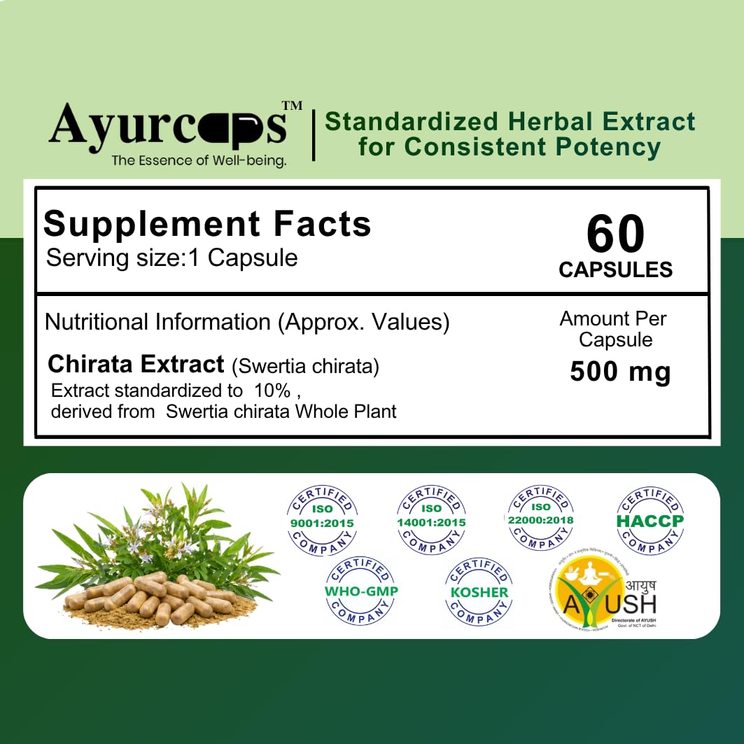 Ayurcaps Chirata Capsules 500mg, Chirayata Whole Plant Extract With 10% Bitter, Supports Liver Health, Digestion And Natural Detox, Supports Blood Purification And Immune Wellness, 60 Veg Capsules