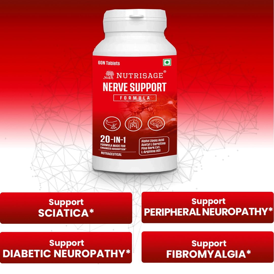 Nutrisage Nerve Support Formula- Neuropathy Support Supplement, with 600 mg Alpha Lipoic Acid, Pine Bark, L-Carnitine, Magnesium & Potent Herbs, Non-GMO Nerve Support, 60 tab-1mth course (1)
