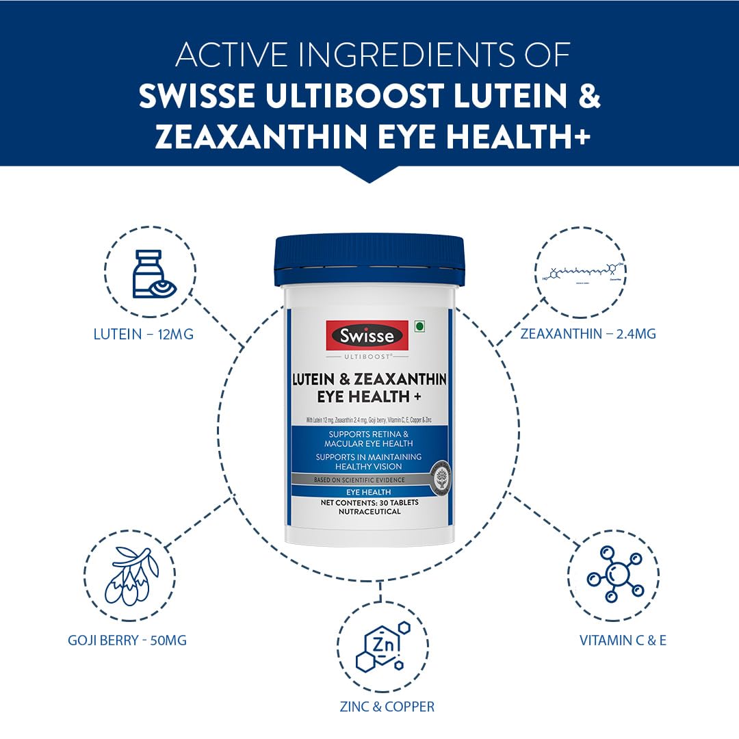 Swisse Eye Health+ with Lutein & Zeaxanthin (Manufactured in Australia) Supports Healthy Vision, Reduces Digital Strain & Fatigue From High Screen Time - 30 Tablets