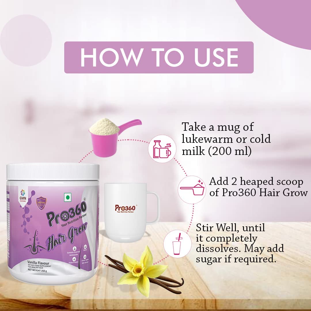 Pro360 Hair Grow Protein Powder for Healthy Hair Growth Nutrition Supplement for Men and Women - Enriched with Biotin and Green Apple Skin Extract - Vanilla Flavor (250+250) g Pack of 2