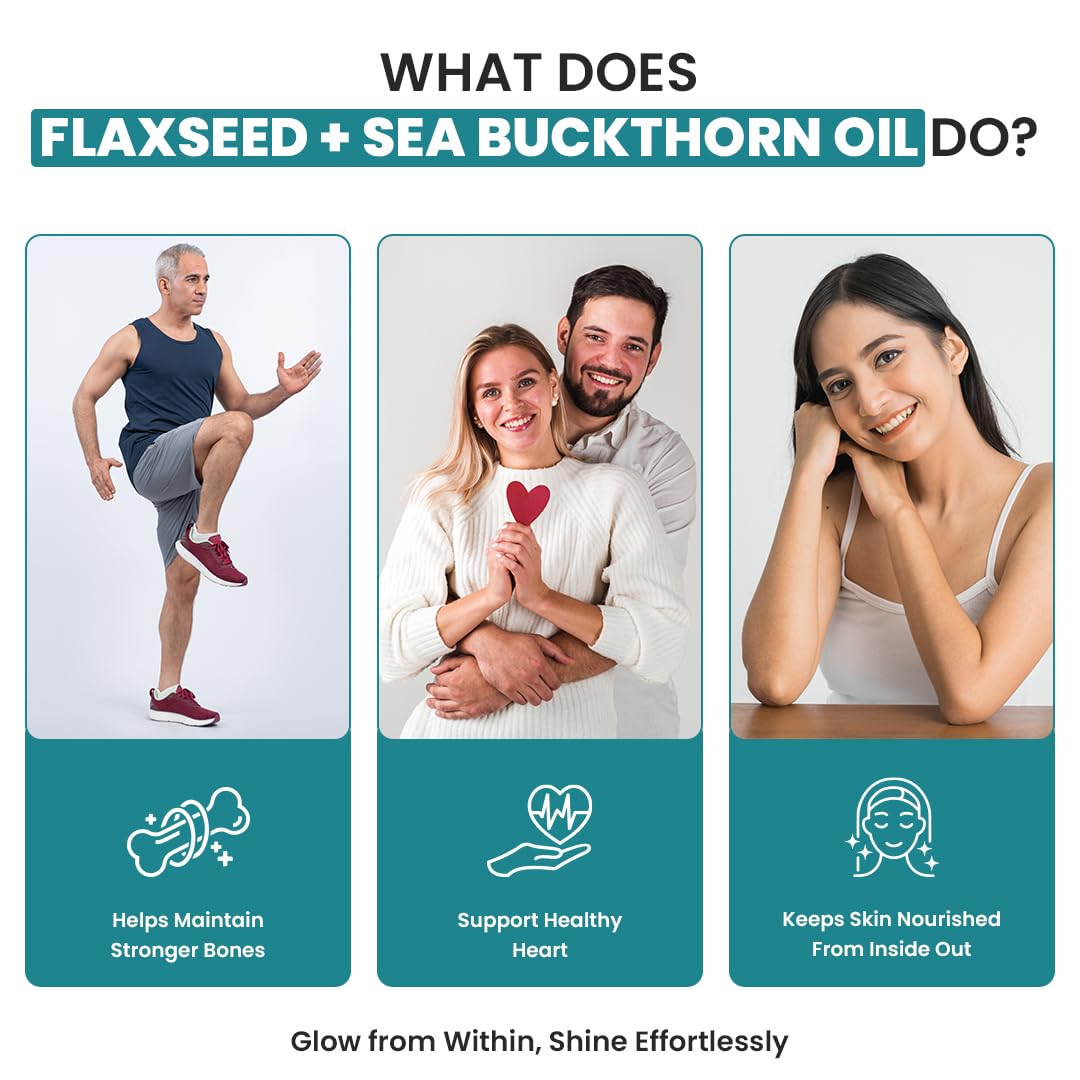 Naturyz Vegetarian Omega 3 Flaxseed + Sea buckthorn Oil Capsules 1120mg | Extra Virgin Cold Pressed Oil supplement with Omega 3, 6, 7 & 9 | Supports Healthy Heart, Skin, Brain & Gut | Plant source| Pack of 60