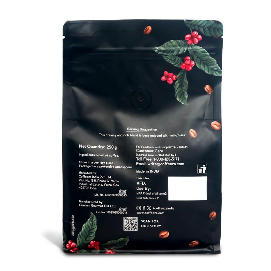 COFFEEZA Ground Coffee - Medium Grind - Cremoso - 250G - Dark Roast 100% Arabica Ground Coffee Powder Packet