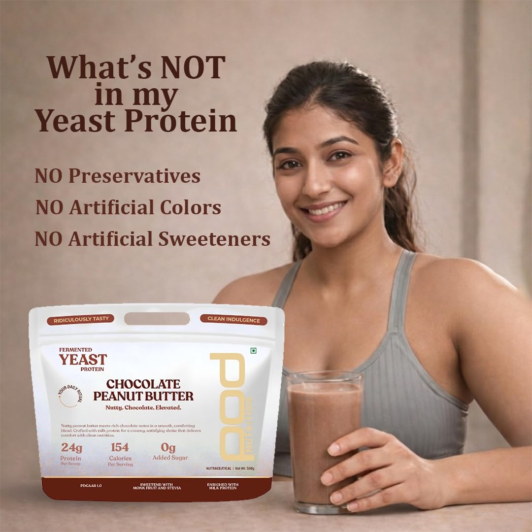 POD Nutrition Fermented Yeast Protein Blend | Chocolate Peanut Butter Flavor | 24g Protein, 0g Added Sugar, Gut-Friendly | Sweetened with Stevia & Monk Fruit | No Bloating, High Absorption | 500g