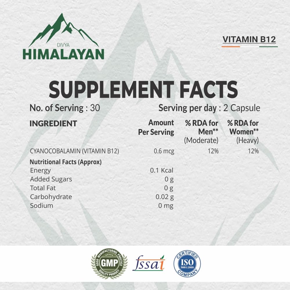 Divya Himalayan Vitamin B-12 Support Supplement, 60 Capsules, Energy Production, Immune Function, Nerve Health