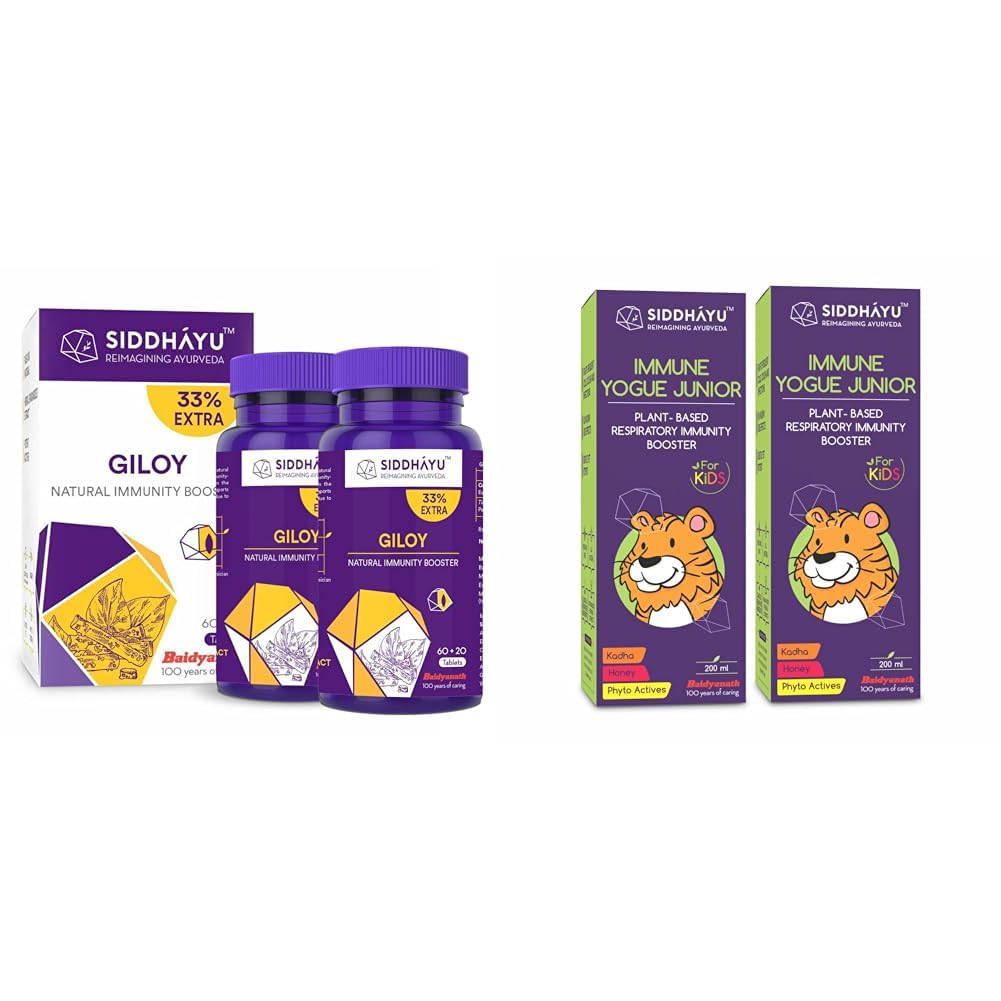 Siddhayu Giloy Tablets, Guduchi Tablets | Natural Immunity Booster | Helps in Blood Purification| (60 tablets X 2)|Siddhayu Immune Yogue Junior | Natural Ayurvedic Immunity Booster for Kids|