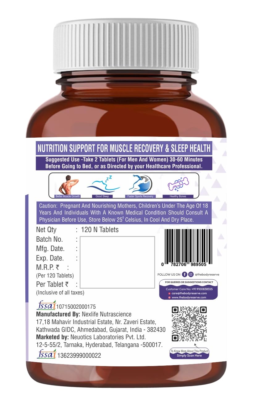 The Body Reserve Magnesium Glycinate Supplement - 120 Veg Tablets, 1100mg Per Serving, High Absorption Chelated Form - Muscle & Nerve Health, Relaxation for Men & Women