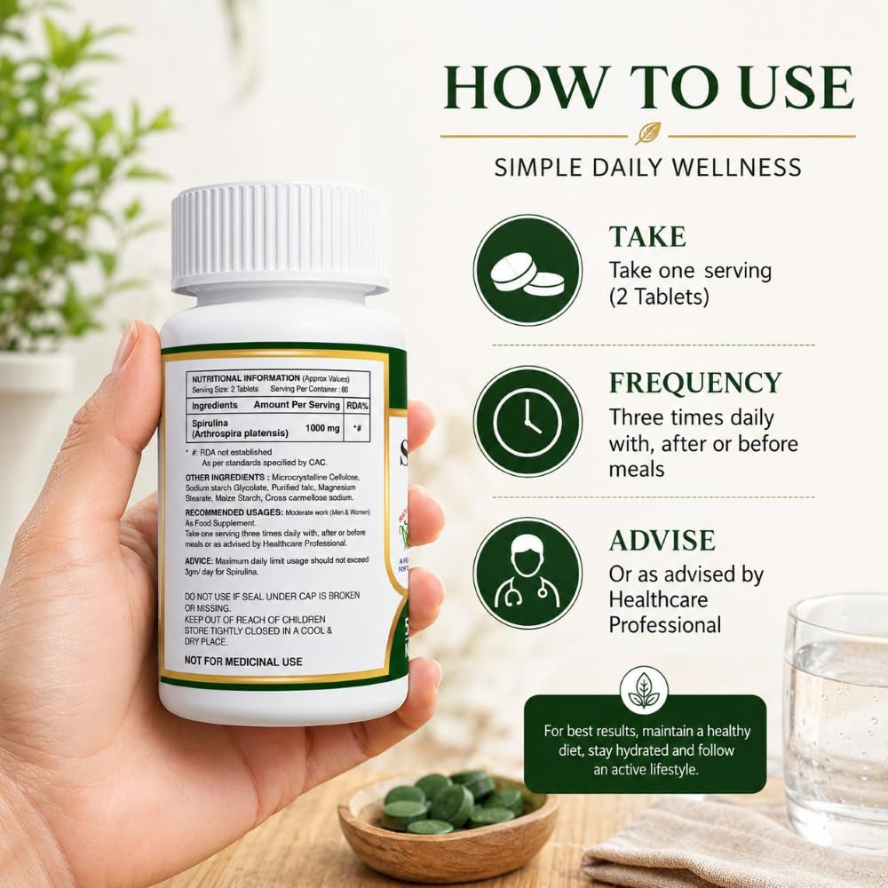 ANJIX Spirulina Tablets 500 mg | Plant Based Superfood Supplement for Energy Immunity & Daily Wellness | Vegetarian Tablets Pack of 120