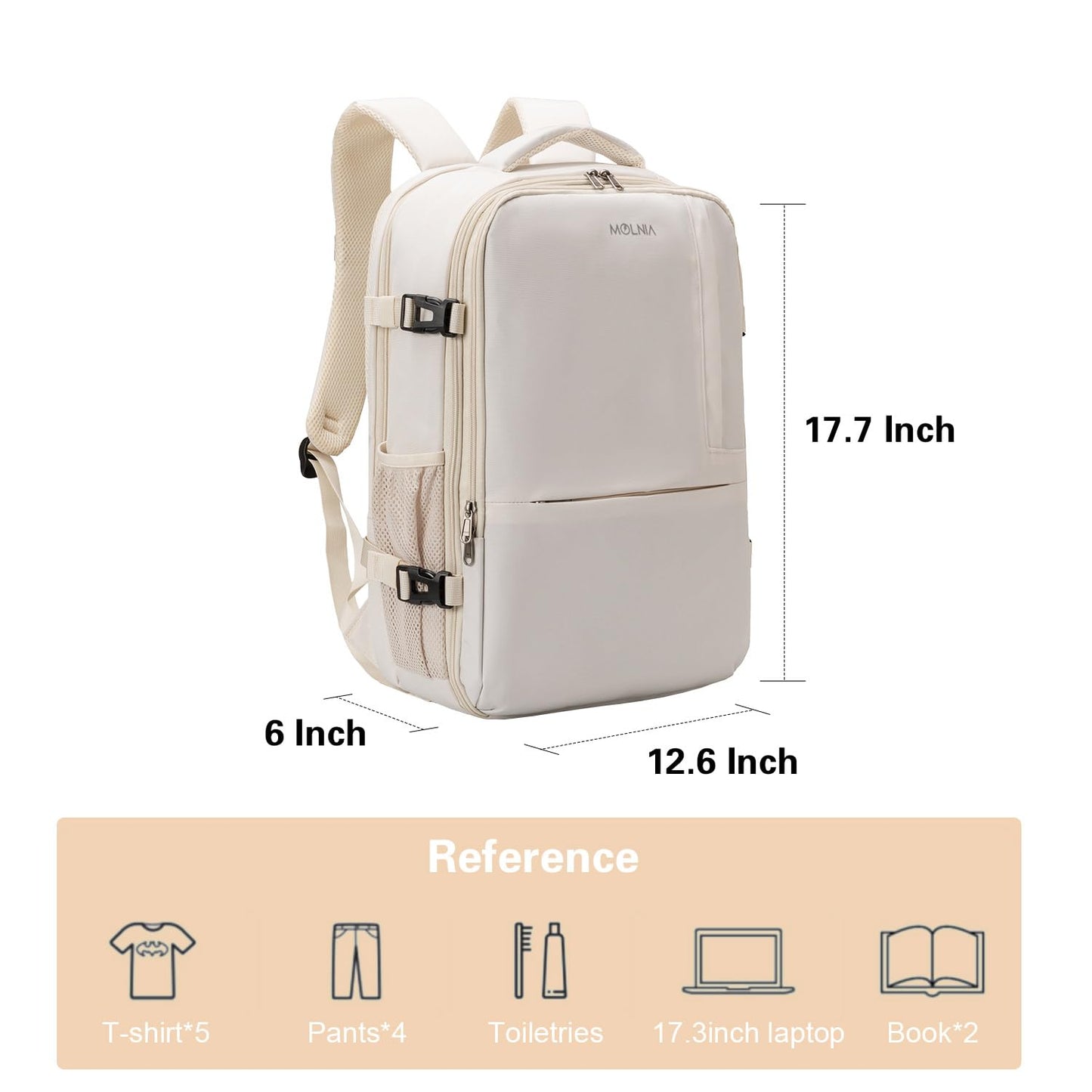 Evmyo 47L Travel Backpack for Women Men, Carry On Backpack Flight Approved, 17.3 Inch Laptop Backpack, Large Off White, Large, Travel