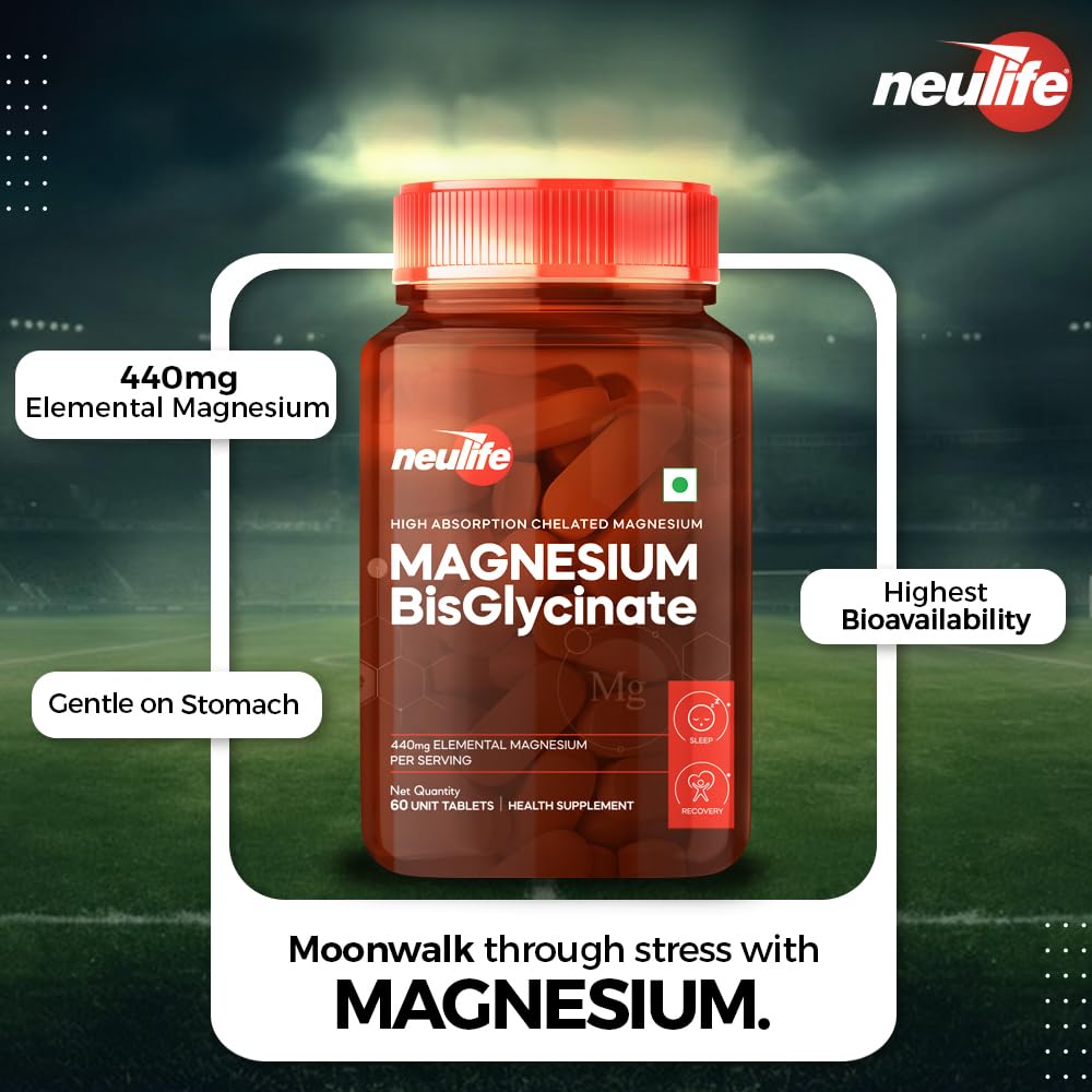 Neulife Magnesium Bisglycinate 440 mg Supplement | High Absorption-High Potency Formula | Supports Sleep, Recovers Muscles | (60tabs)