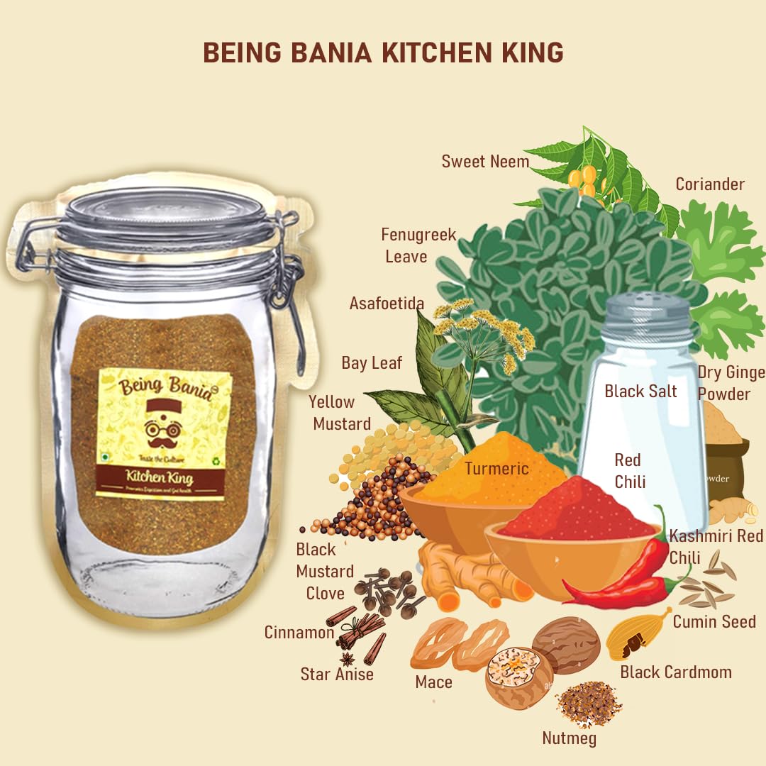 Being Bania Kitchen King Masala Pouch, 100 Gms | 100% Natural |natural Jain Masala No garlic or onion | | No Added Flavors or Preservative | For Healthy Routine | Promote Digestion & Gut Health | Exotic Indian Spices | Indian Masala