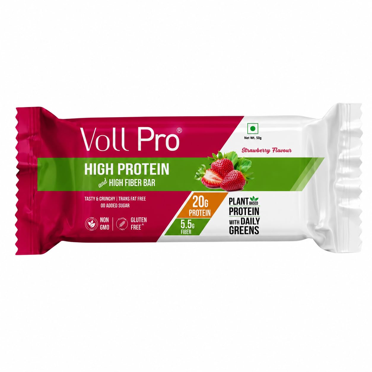 Voll Pro Plant Protein Bar with Daily Greens - High Protein 20g, Fiber 5.5g, 0g Sugar - Strawberry Flavour- Non-GMO- Gluten & Trans Fat Free-Crunchy, Delicious Nutrient-Rich Protein Bars,(50g X 6 Bar) -Pack Of 6 Bar (Pack Of 6, Strawberry)
