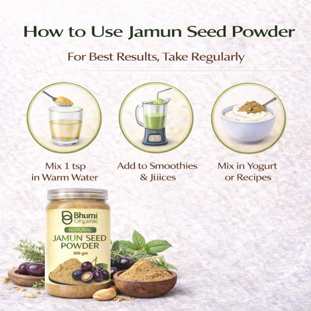 Bhumi Organic Ayurveda Jamun Seed Powder for Diabetes - 500 Grams - Herbal Supplement - Pure Jamun Seeds