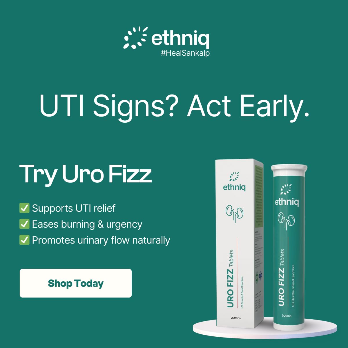 Ethniq Uro Fizz Effervescent Tablets | Provides relief in UTIs, Enlarged Prostate and Kidney Stones | Fast Dissolving | For Men & Women | Completely Natural | AYUSH Approved | 20 Tabs