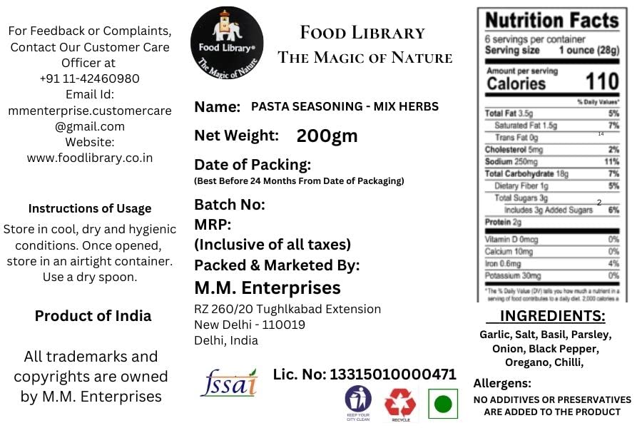 Food Library The Magic of Nature Italian Pasta Seasoning - Mix Herbs, 200g