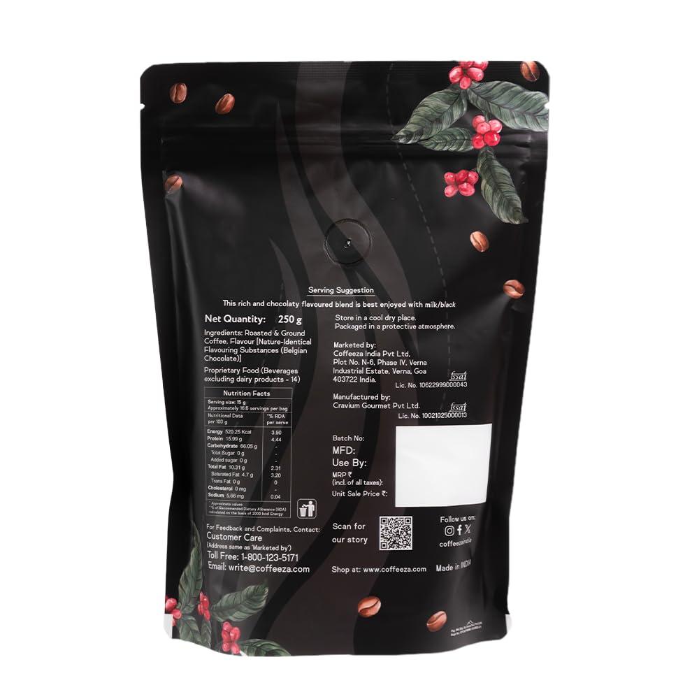 COFFEEZA Ground Coffee - Fine Grind - Belgian Chocolate Flavored - 250 Gram - Medium-Dark Roast 100% Arabica Ground Coffee Powder|Bag