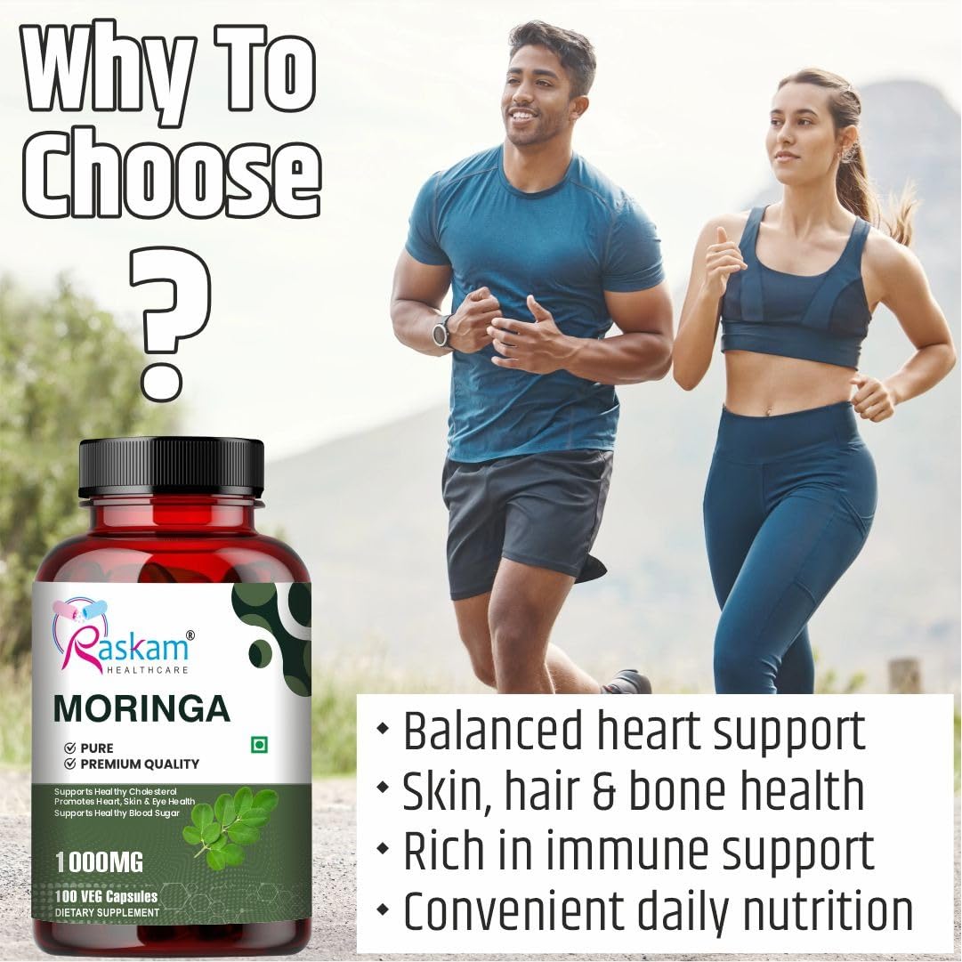 Raskam Moringa Capsules Organic (100 Capsules) 1000mg Green Superfood Moringa Oleifera Leaf Powder Capsules - Immunity & Metabolism Booster Nutritional Rich Supplement