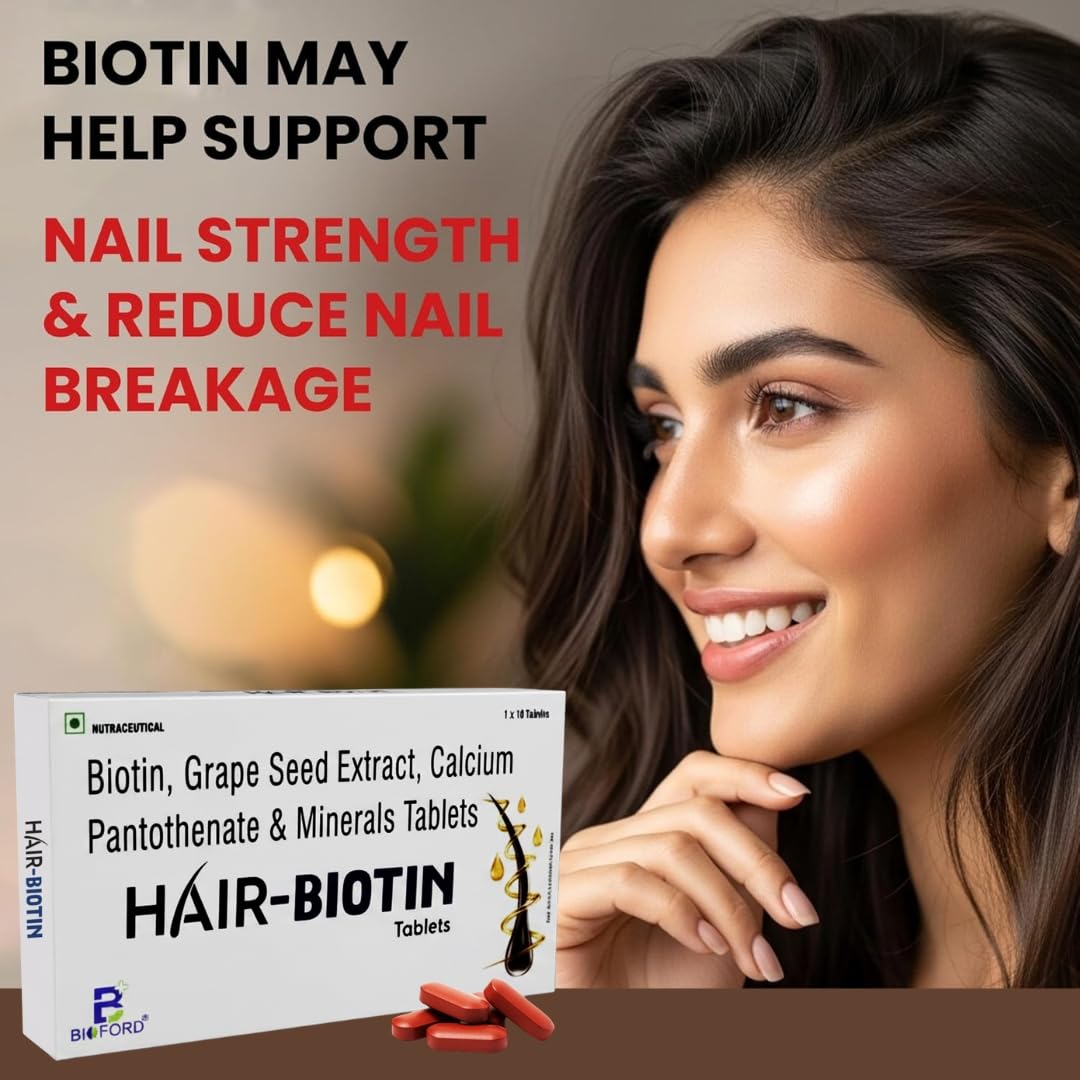 Bioford Hair Biotin Tablets with Grape Seed Extract, Calcium Pantothenate & Essential Minerals | Supports Hair Growth, Strong Nails & Healthy Skin | Pack of 1
