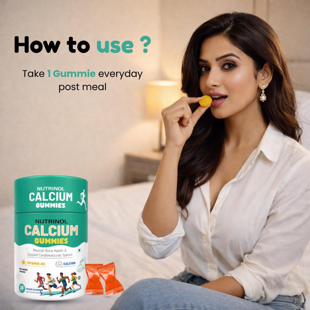 Knoll Healthcare Nutrinol Calcium Gummies with Vitamin D3 | Bone Health, Teeth Strength & Muscle Support | No Added Sugar | Peach Flavour Calcium Supplement for Men, Women & Kids | 60 Gummies