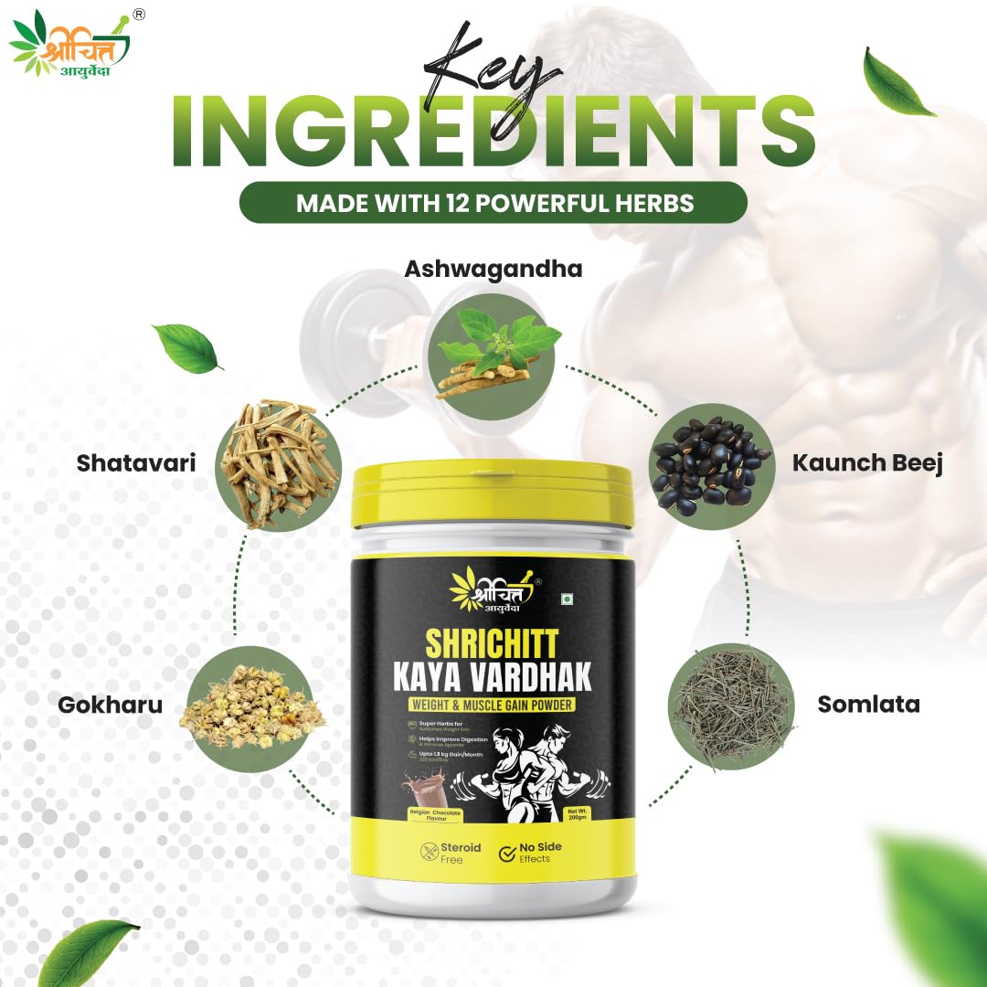 Shrichitt Ayurveda Kaya Vardhak Herbal Nutrition Powder for Weight & Muscle Support | Belgian Chocolate Flavour | 200g (Pack of 1)