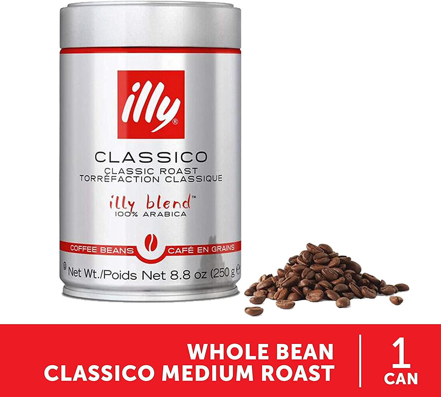Illy Classico Whole Bean Coffee, Medium Roast, Classic Roast with Notes of Chocolate & Caramel, 100% Arabica Coffee, No Preservatives, 8.8 Ounce (Pack of 1)