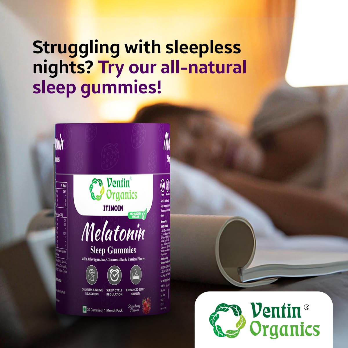 Ventin Organics Itinoin Melatonin 5mg Sleep Gummies | 30N | No Added Sugar | Enhanced with Ashwagandha, Chamomile, Passion Flower & Valerian Root Extract | Sound Sleep & Relaxation Strawberry Flavour