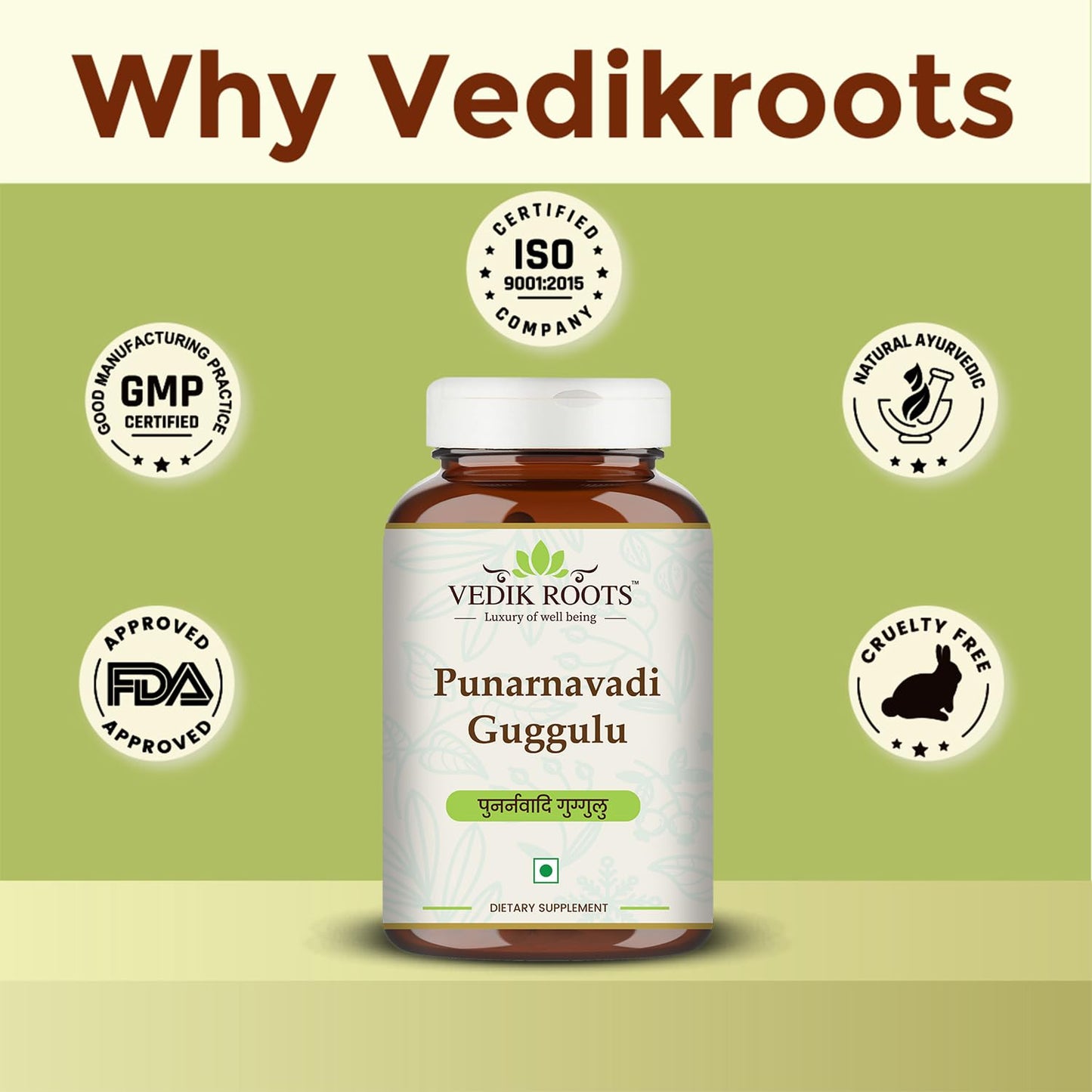 Vedikroots Punarnavadi Guggulu - Natural Diuretic | Promotes Healthy Liver & Kidney Functions | Ayurvedic Supplement For Swelling 60 Tab (Pack-2))