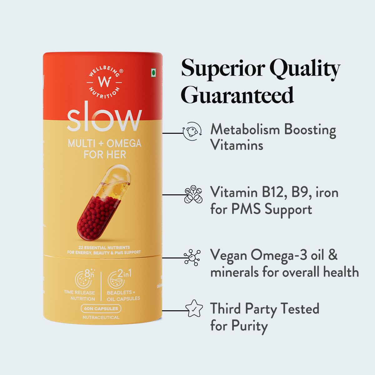 Wellbeing Nutrition Slow Multivitamin & Vegan Omega 3 for Women Biotin, CoQ10, B-Complex, Iron, Zinc, Chromium, +22 Vitamins & 10 Antioxidants | Skin Radiance, Energy, Metabolism, PMS |60 Veg Capsules