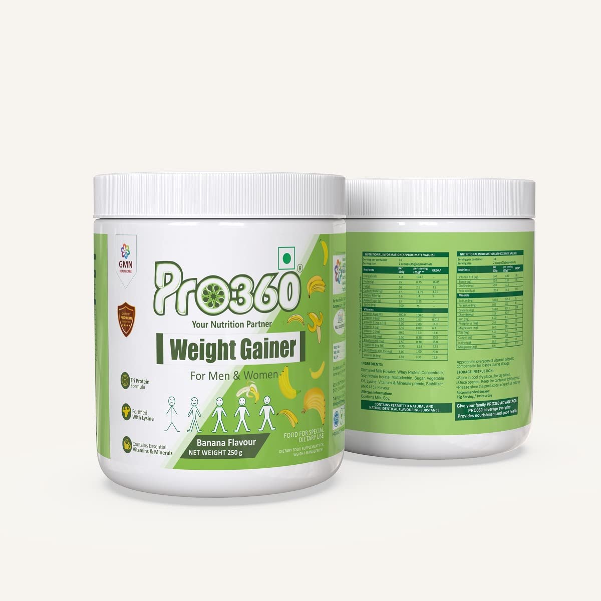 Pro360 Weight Gainer High Protein Powder - Calorie Rich Complete Nutritional Supplement - Triple Protein Source with 25 Vital Nutrients for Men & Women - (250 + 250) G (Banana) Pack of 2