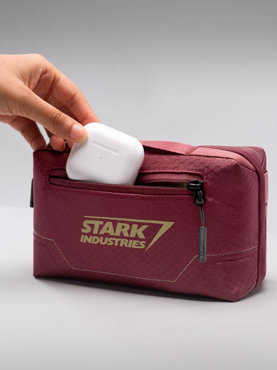 The Souled Store Iron Man: Stark Industries Tech Organizer – Maroon Water-Resistant Polyester Electronics Travel Pouch with 3D Arc Reactor Emblem for Chargers, Cables, and Gadgets