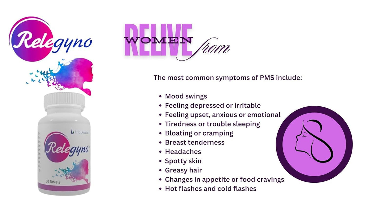 Relegyno I PMS Relief Tablets I Multi Vitamin-Mineral I Enhances Menstural Health I Reduces, Paim, Crams, Anxiety, Mood Swings, Acne & PMS Relief I 900 mg 30 Tabs Each Pack
