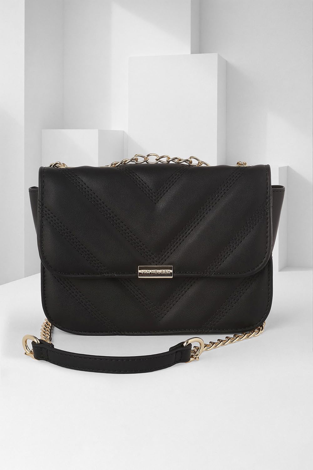 Van Heusen womens Sling Bag with textured single color chain (Black)