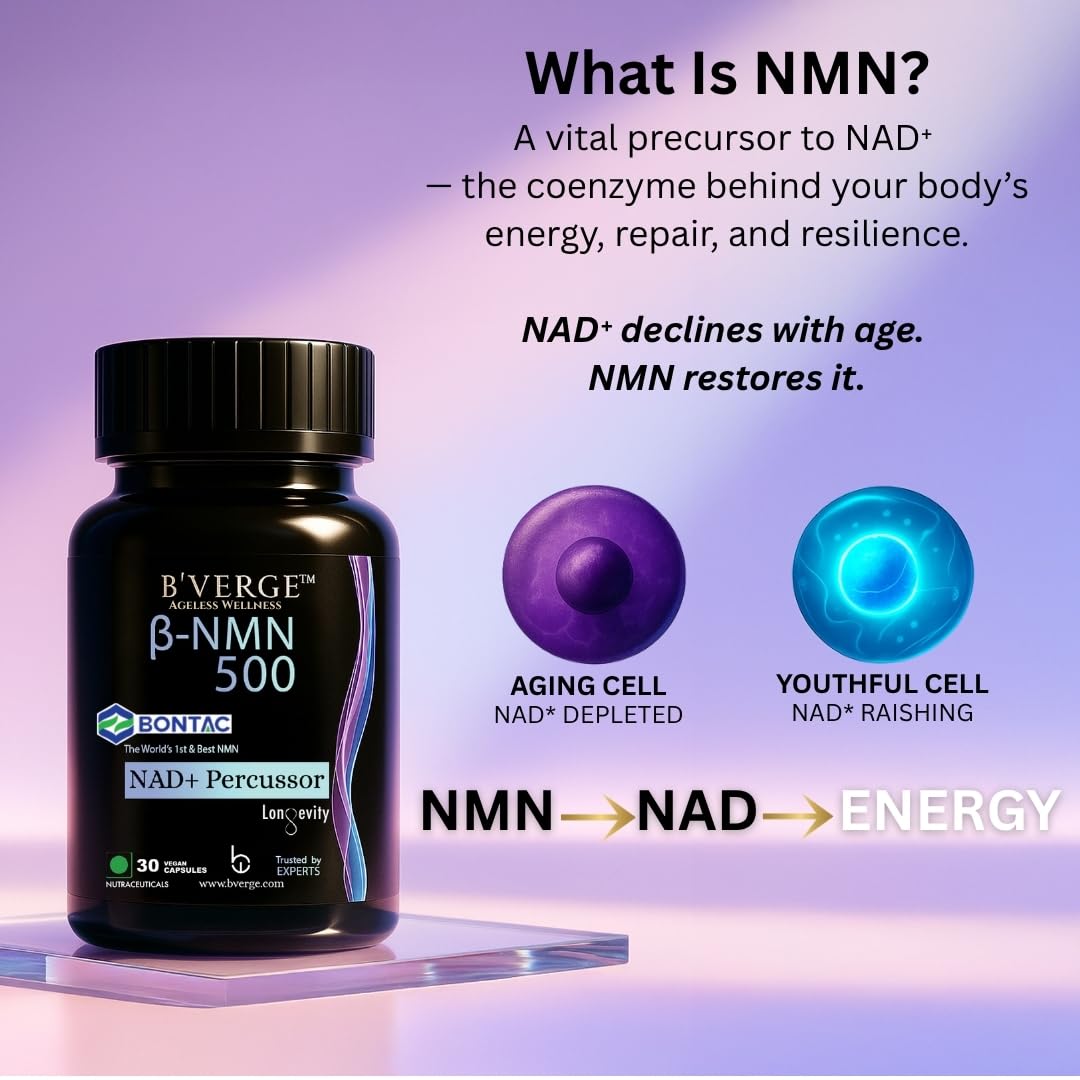 BVERGE® NMN Supplement 500mg |100% Purity | BONTAC Pro NMN World's Most Trusted & Trusted by Experts | Healthy Ageing | Repair Cells | Enhance Muscle | Neuro Function (500MG 30 Capsules)